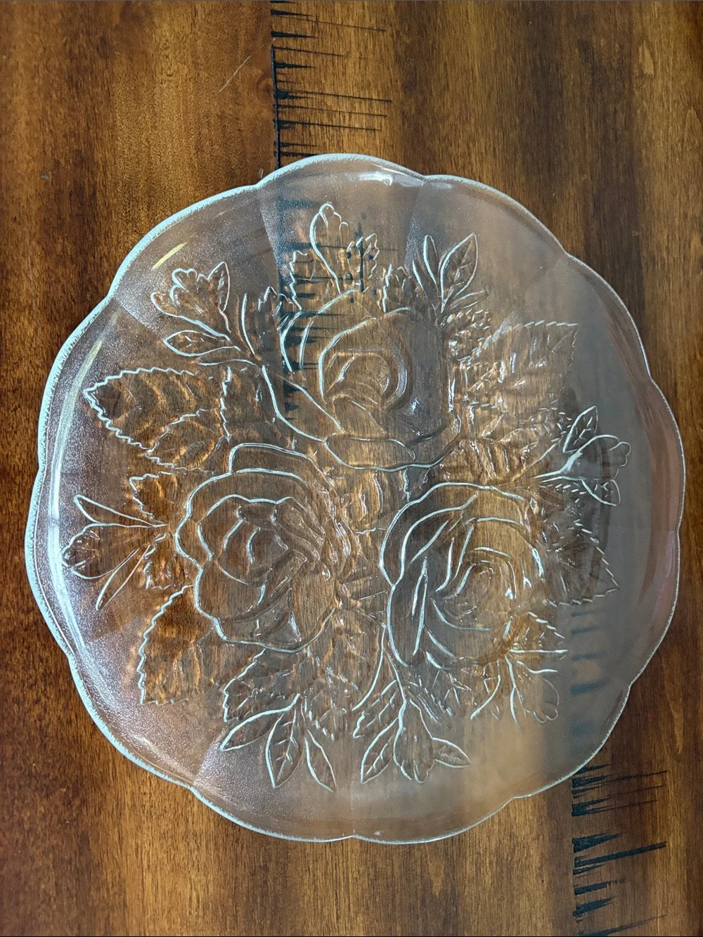 Livia Rose Pressed Glass Dinner Plate.  Floral Clear